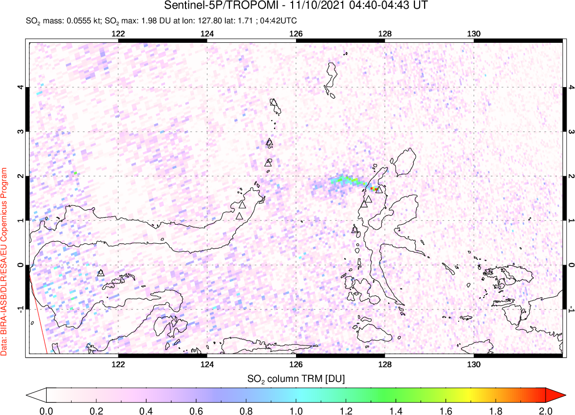 A sulfur dioxide image over Northern Sulawesi & Halmahera, Indonesia on Nov 10, 2021.
