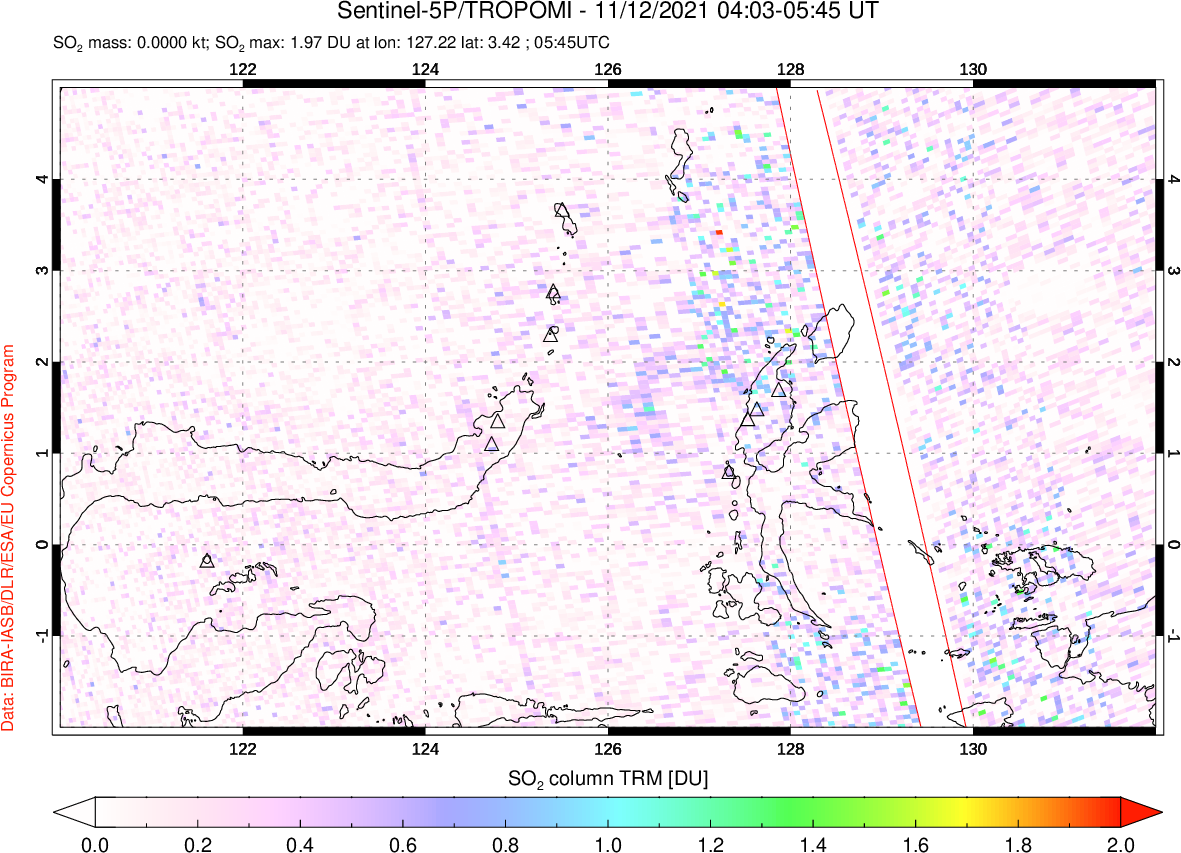 A sulfur dioxide image over Northern Sulawesi & Halmahera, Indonesia on Nov 12, 2021.