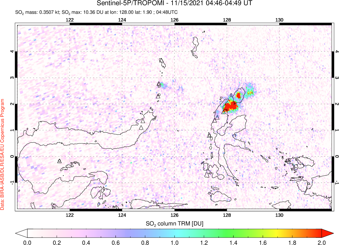 A sulfur dioxide image over Northern Sulawesi & Halmahera, Indonesia on Nov 15, 2021.