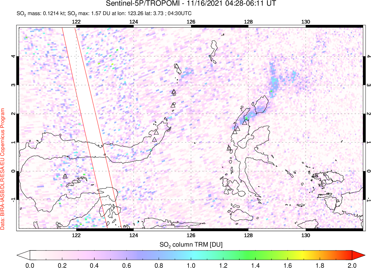 A sulfur dioxide image over Northern Sulawesi & Halmahera, Indonesia on Nov 16, 2021.