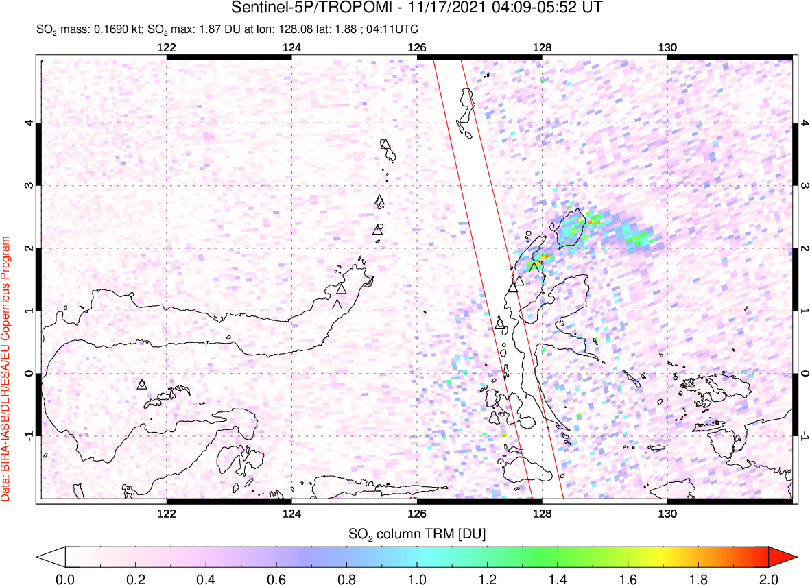 A sulfur dioxide image over Northern Sulawesi & Halmahera, Indonesia on Nov 17, 2021.