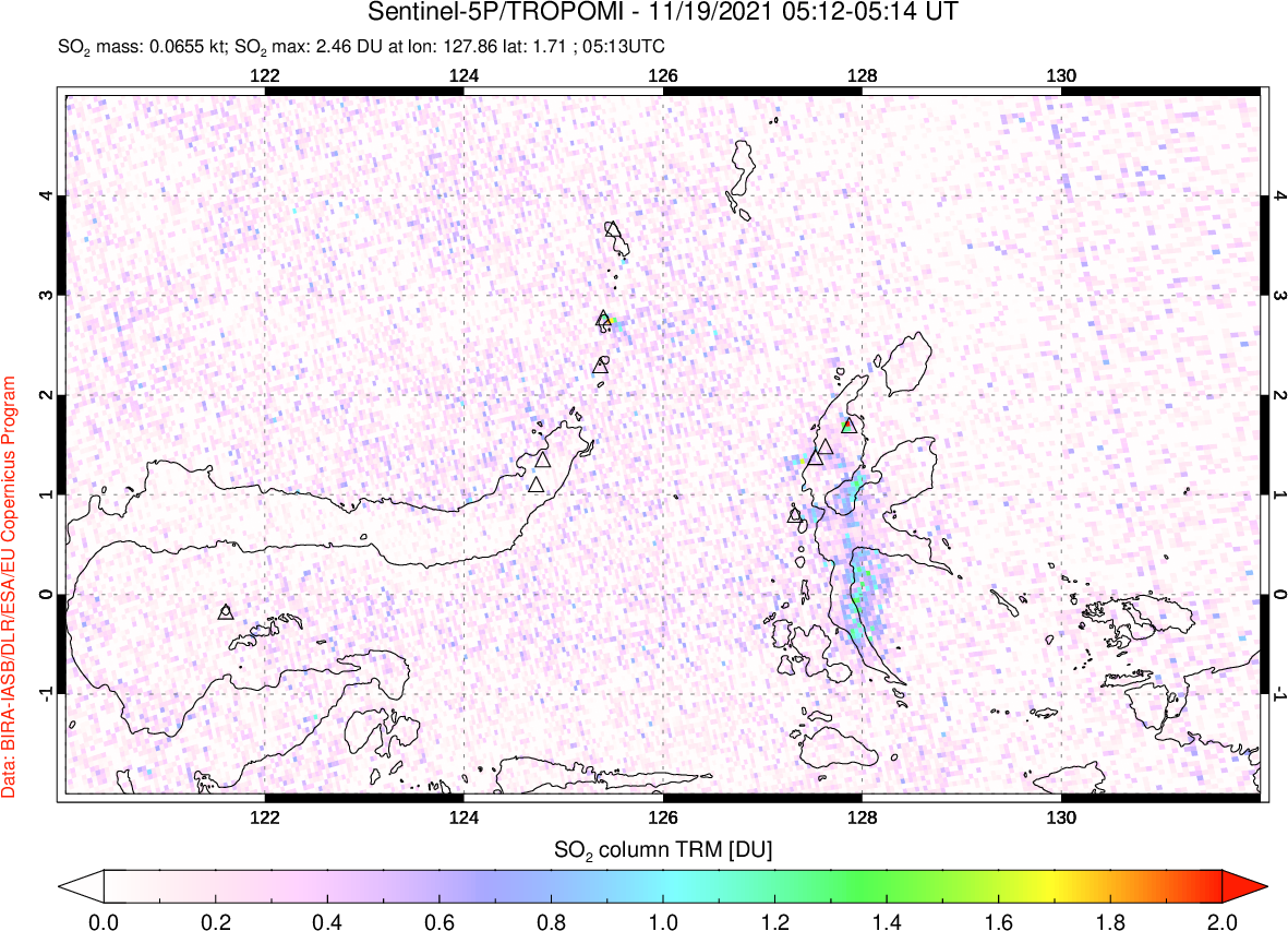A sulfur dioxide image over Northern Sulawesi & Halmahera, Indonesia on Nov 19, 2021.