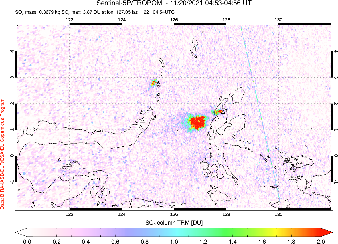 A sulfur dioxide image over Northern Sulawesi & Halmahera, Indonesia on Nov 20, 2021.