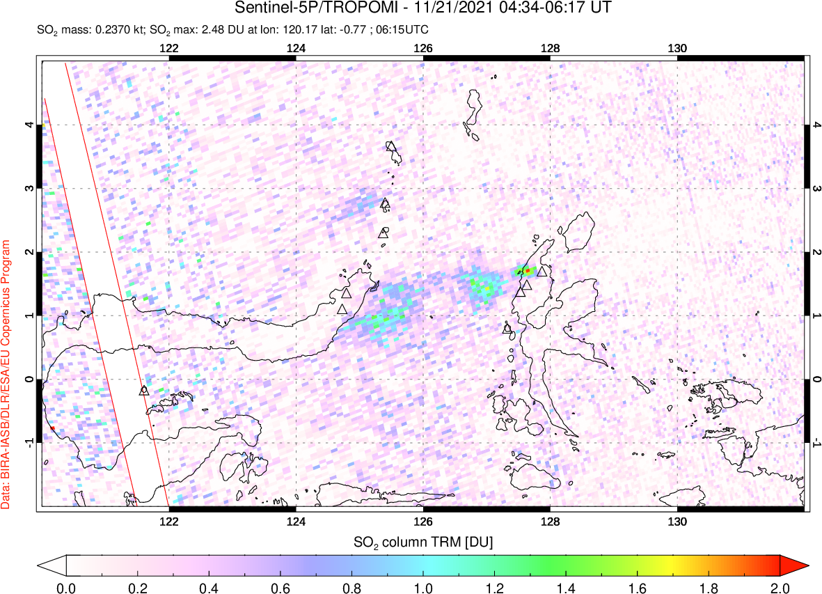 A sulfur dioxide image over Northern Sulawesi & Halmahera, Indonesia on Nov 21, 2021.