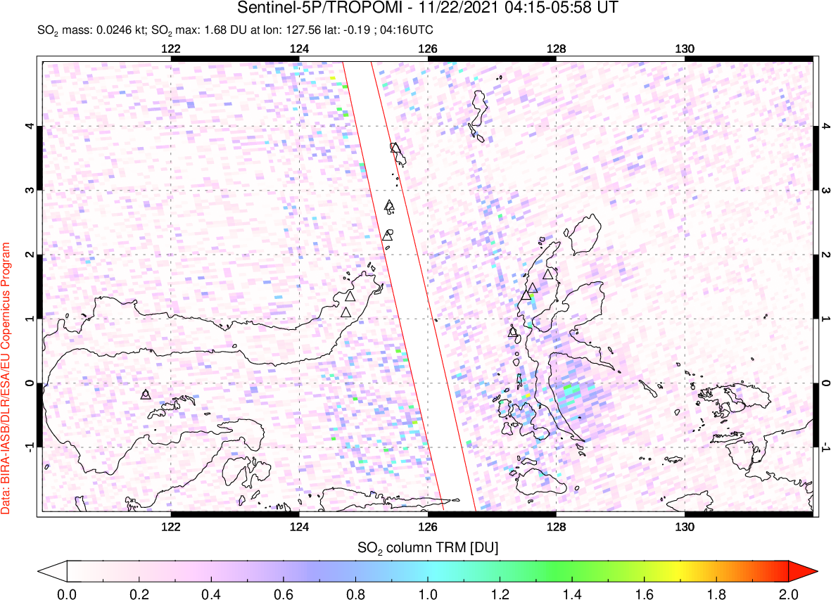A sulfur dioxide image over Northern Sulawesi & Halmahera, Indonesia on Nov 22, 2021.