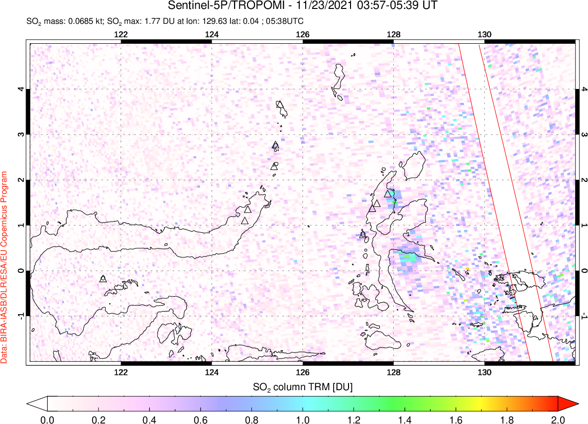 A sulfur dioxide image over Northern Sulawesi & Halmahera, Indonesia on Nov 23, 2021.