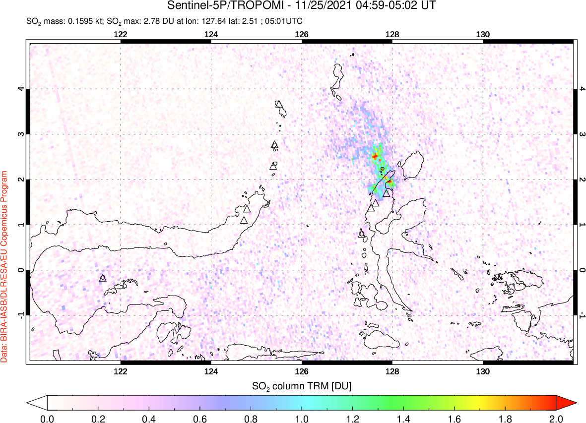 A sulfur dioxide image over Northern Sulawesi & Halmahera, Indonesia on Nov 25, 2021.