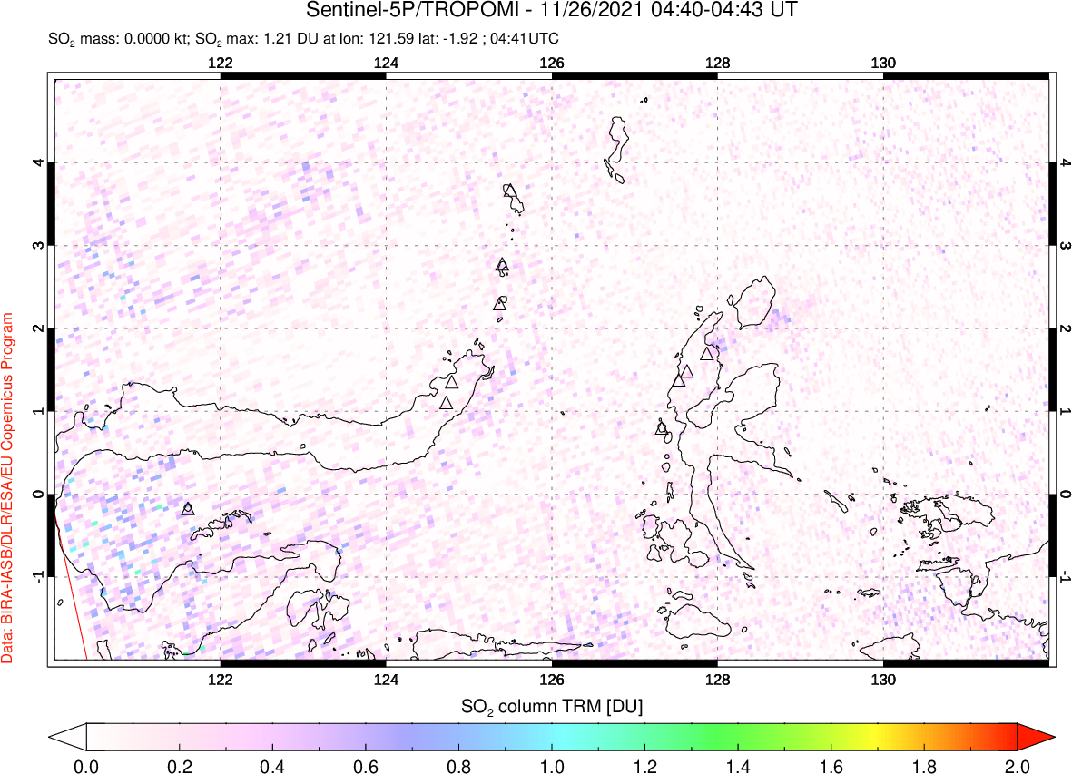 A sulfur dioxide image over Northern Sulawesi & Halmahera, Indonesia on Nov 26, 2021.