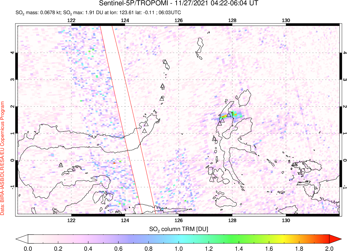 A sulfur dioxide image over Northern Sulawesi & Halmahera, Indonesia on Nov 27, 2021.