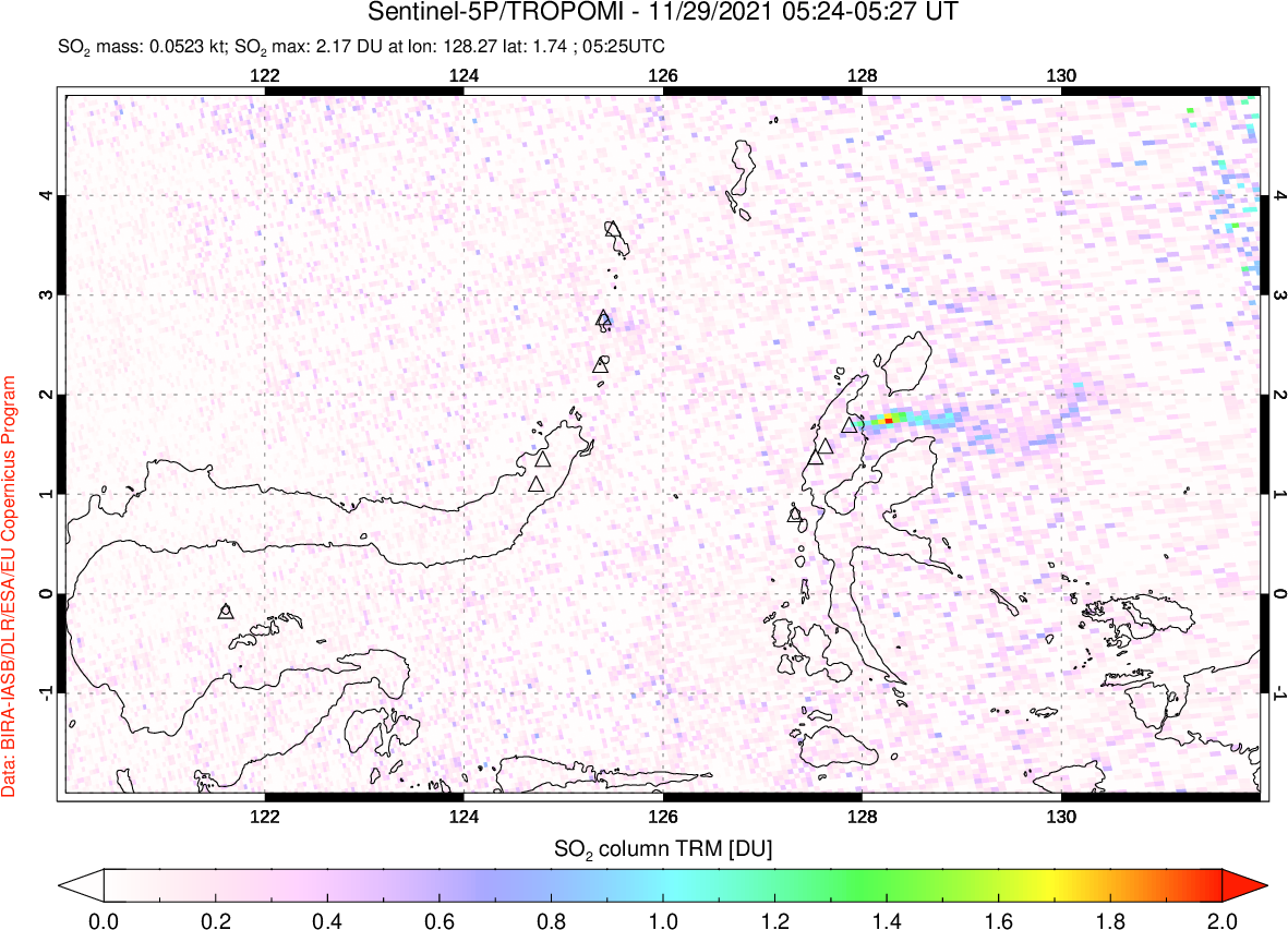 A sulfur dioxide image over Northern Sulawesi & Halmahera, Indonesia on Nov 29, 2021.