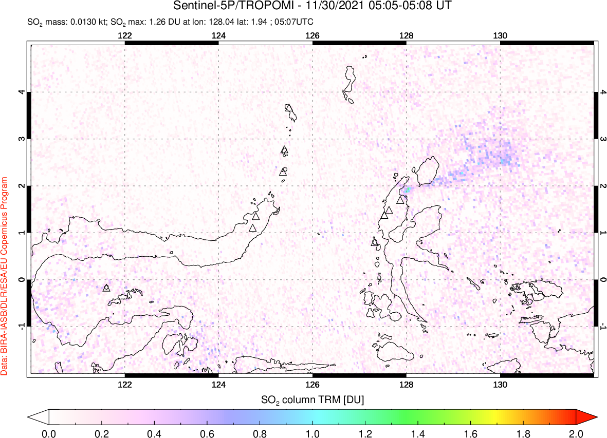 A sulfur dioxide image over Northern Sulawesi & Halmahera, Indonesia on Nov 30, 2021.