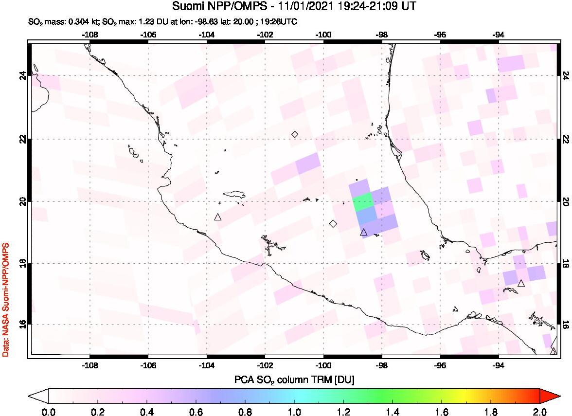A sulfur dioxide image over Mexico on Nov 01, 2021.
