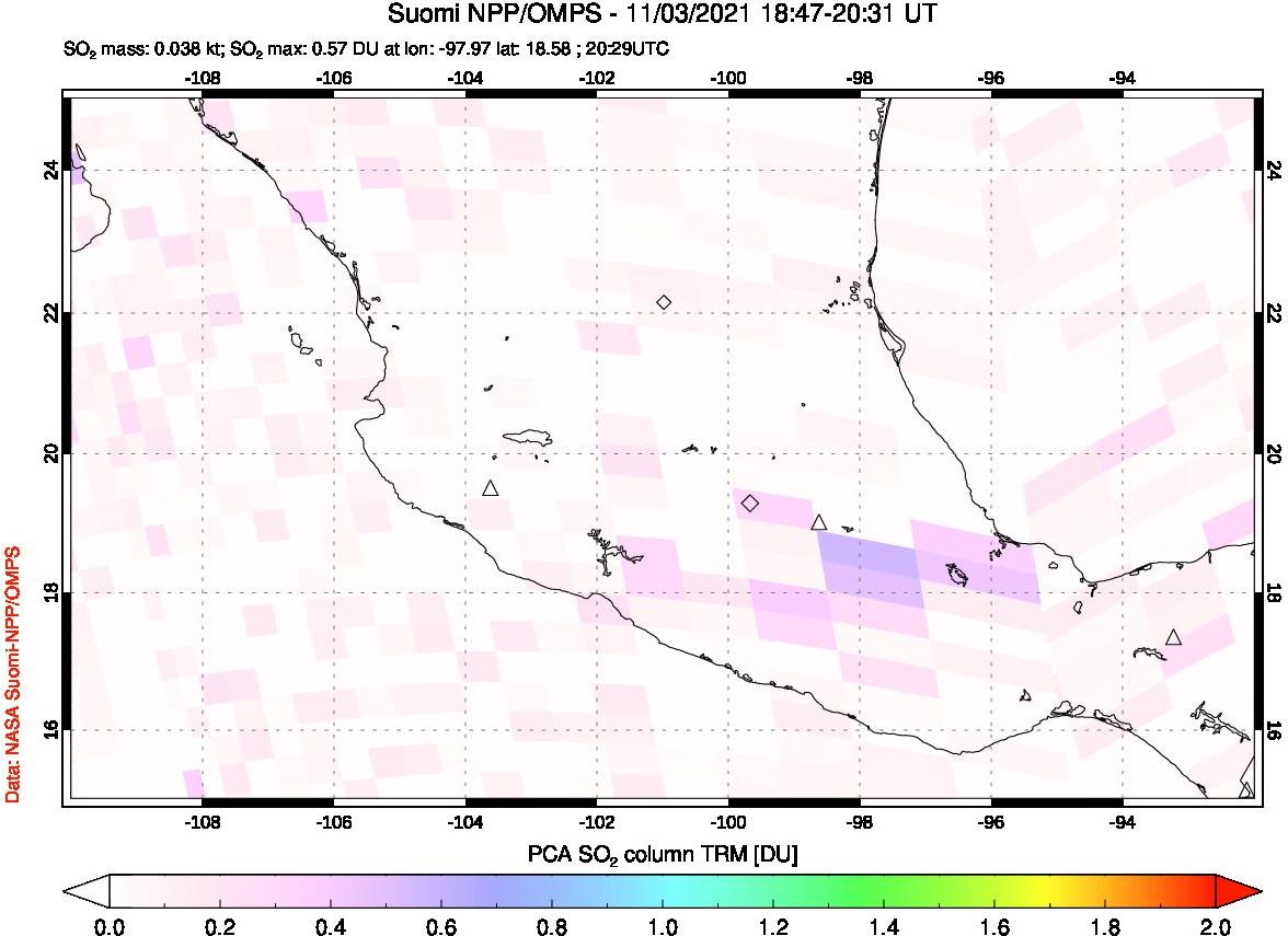 A sulfur dioxide image over Mexico on Nov 03, 2021.