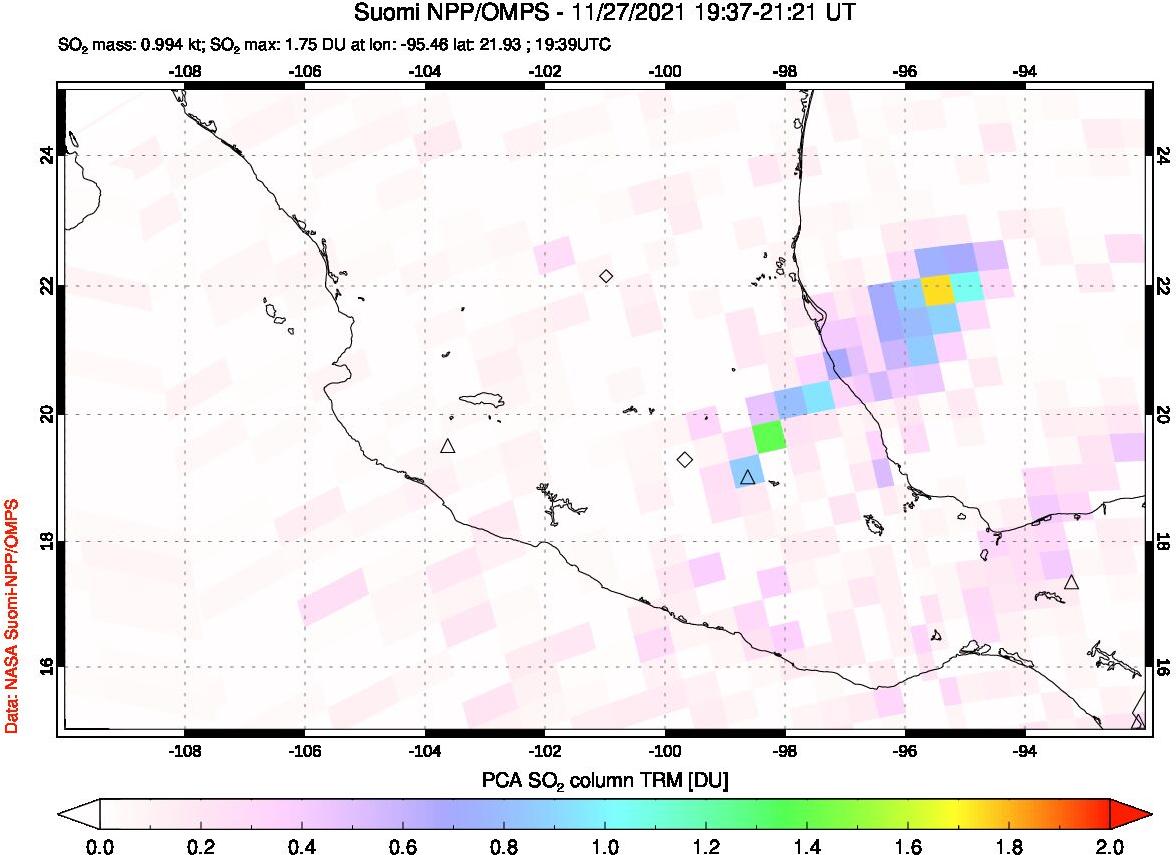 A sulfur dioxide image over Mexico on Nov 27, 2021.