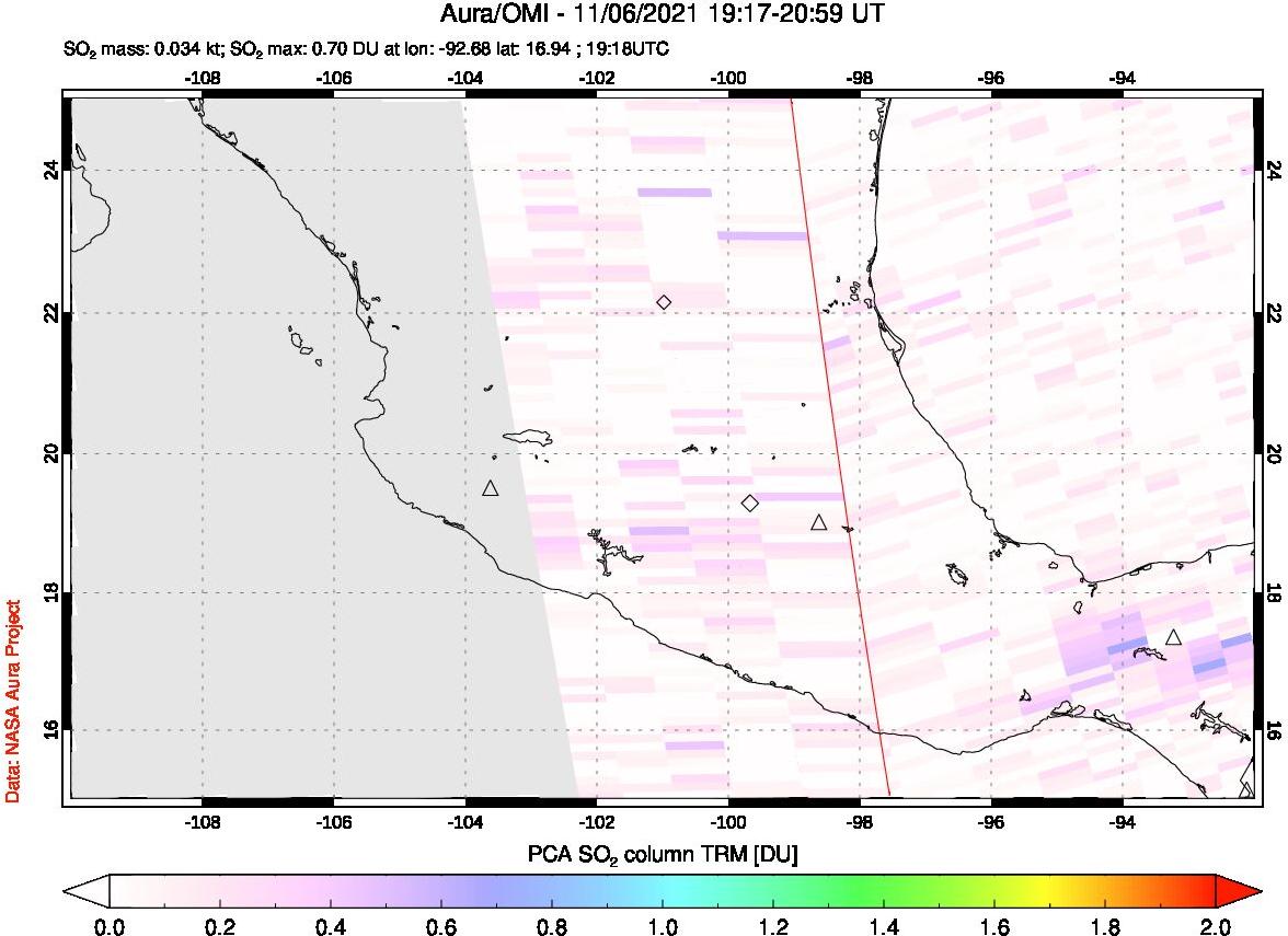 A sulfur dioxide image over Mexico on Nov 06, 2021.