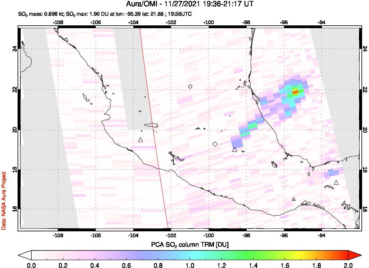 A sulfur dioxide image over Mexico on Nov 27, 2021.