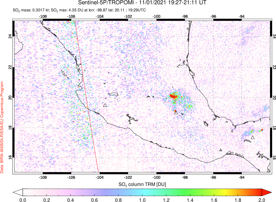 A sulfur dioxide image over Mexico on Nov 01, 2021.