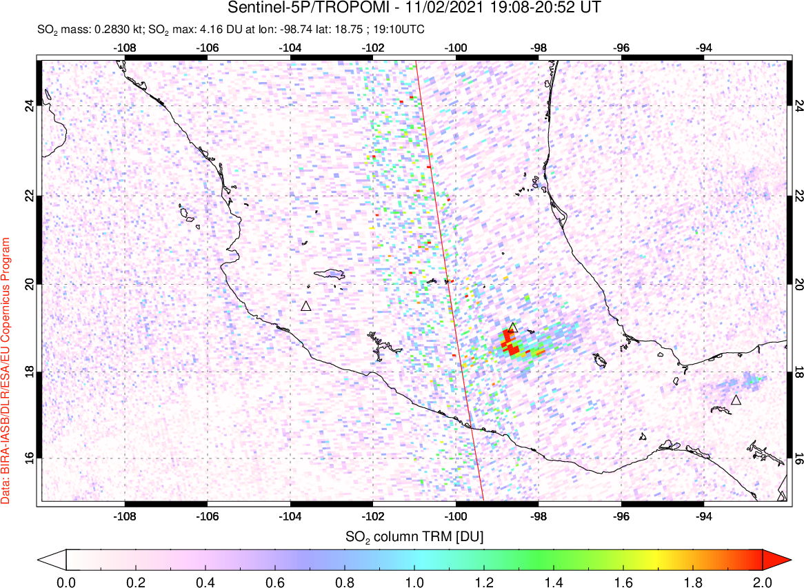 A sulfur dioxide image over Mexico on Nov 02, 2021.
