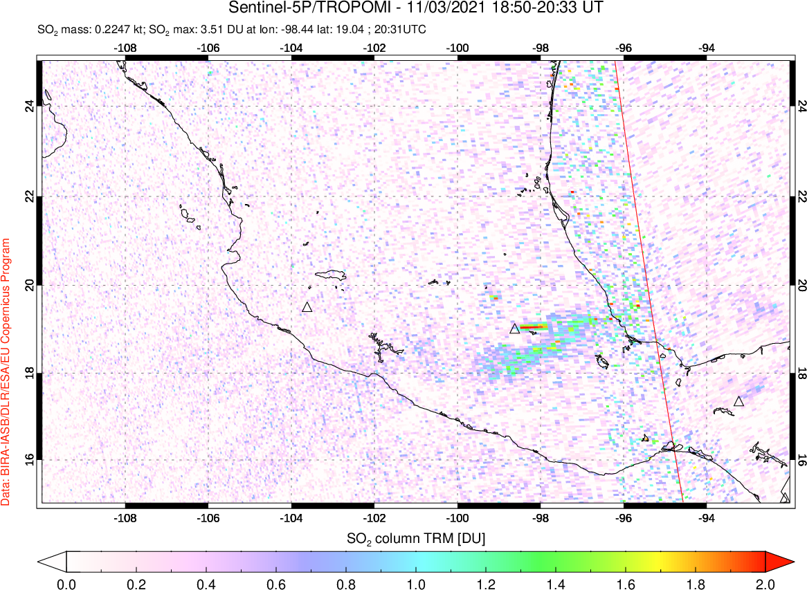 A sulfur dioxide image over Mexico on Nov 03, 2021.