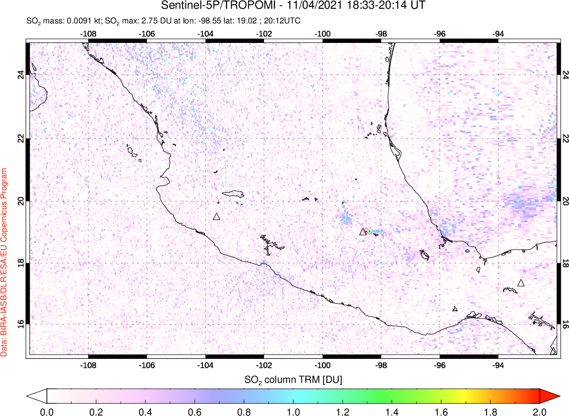 A sulfur dioxide image over Mexico on Nov 04, 2021.