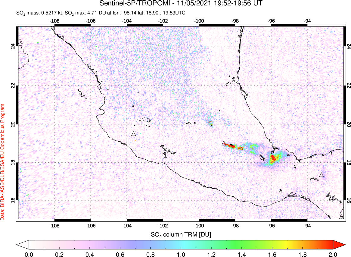 A sulfur dioxide image over Mexico on Nov 05, 2021.