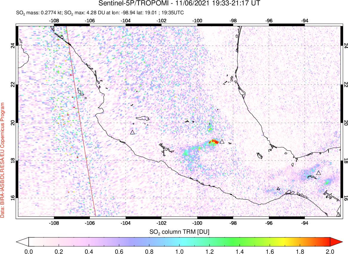 A sulfur dioxide image over Mexico on Nov 06, 2021.
