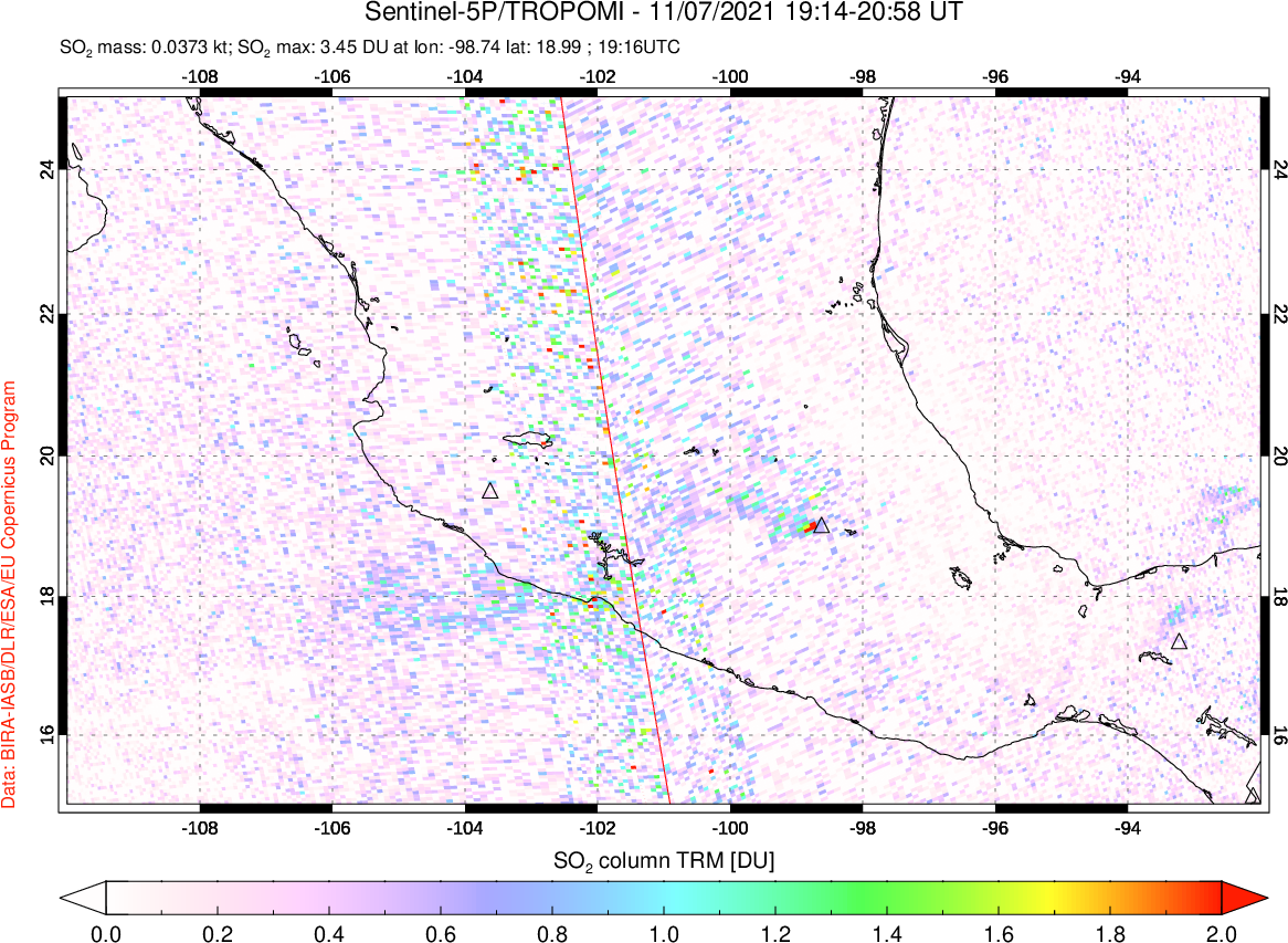 A sulfur dioxide image over Mexico on Nov 07, 2021.