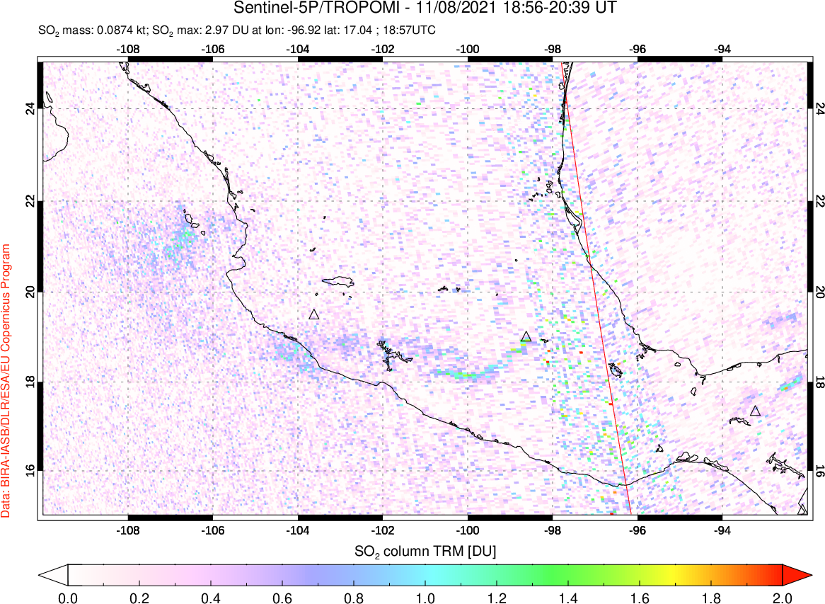 A sulfur dioxide image over Mexico on Nov 08, 2021.