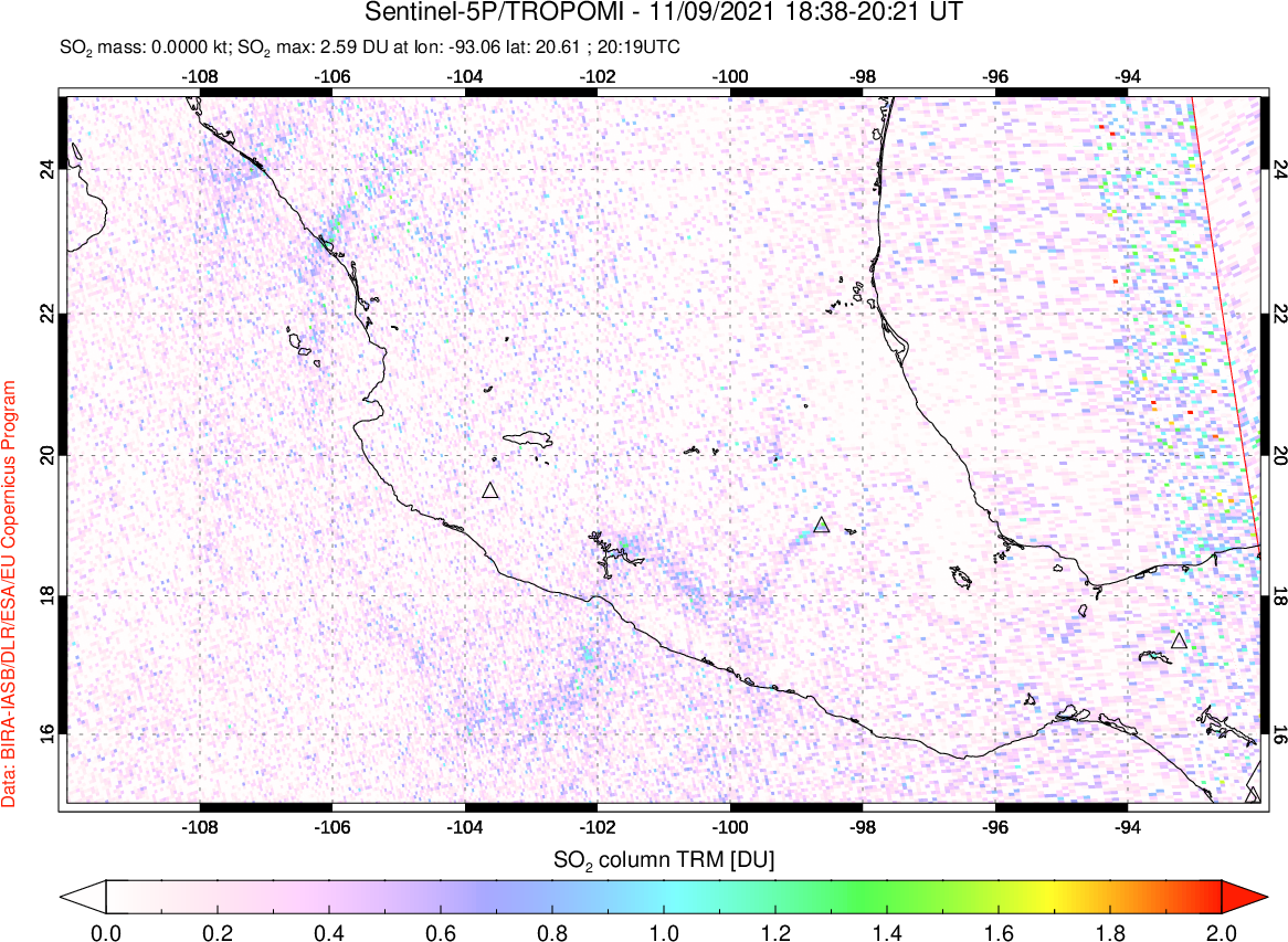 A sulfur dioxide image over Mexico on Nov 09, 2021.