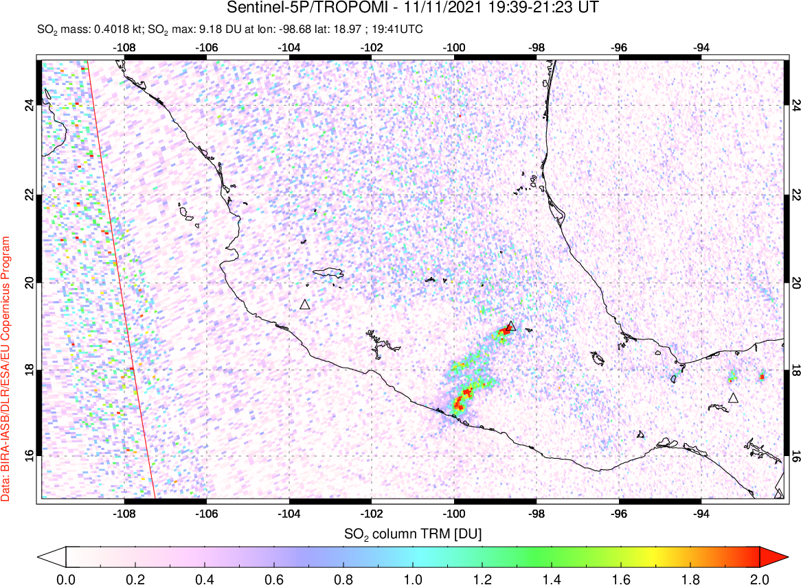 A sulfur dioxide image over Mexico on Nov 11, 2021.