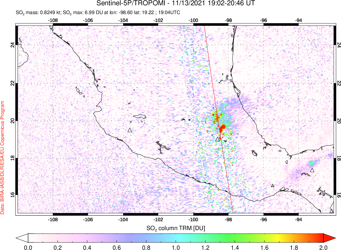 A sulfur dioxide image over Mexico on Nov 13, 2021.