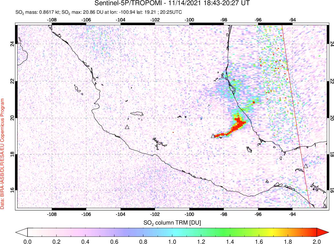 A sulfur dioxide image over Mexico on Nov 14, 2021.