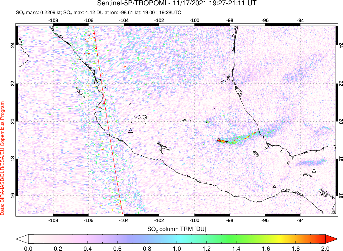A sulfur dioxide image over Mexico on Nov 17, 2021.