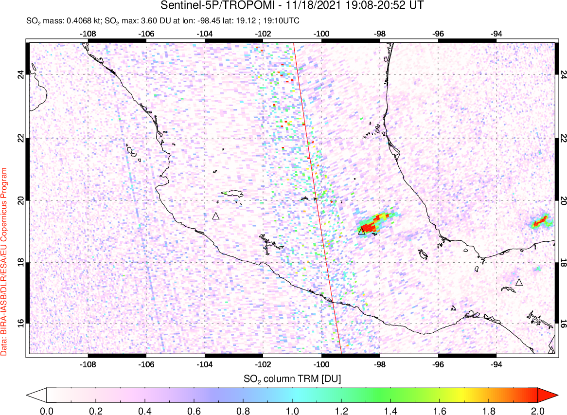 A sulfur dioxide image over Mexico on Nov 18, 2021.