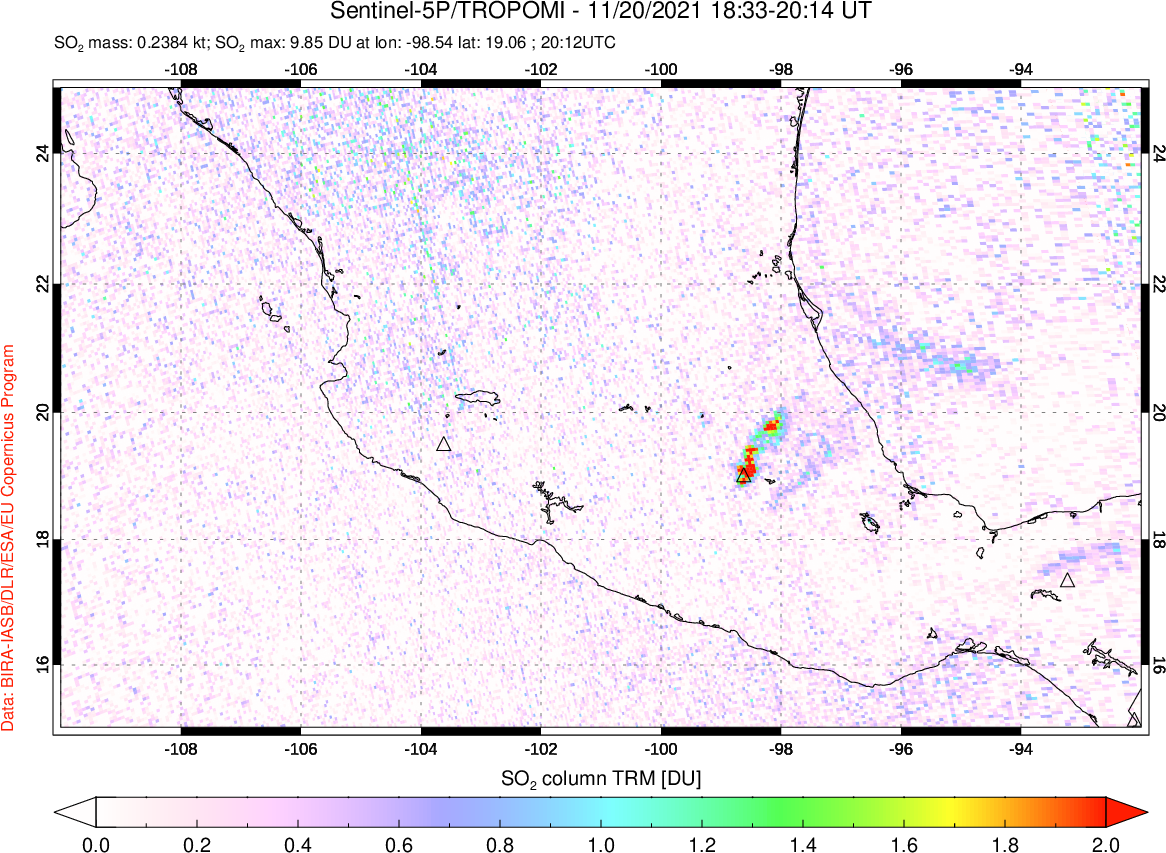 A sulfur dioxide image over Mexico on Nov 20, 2021.