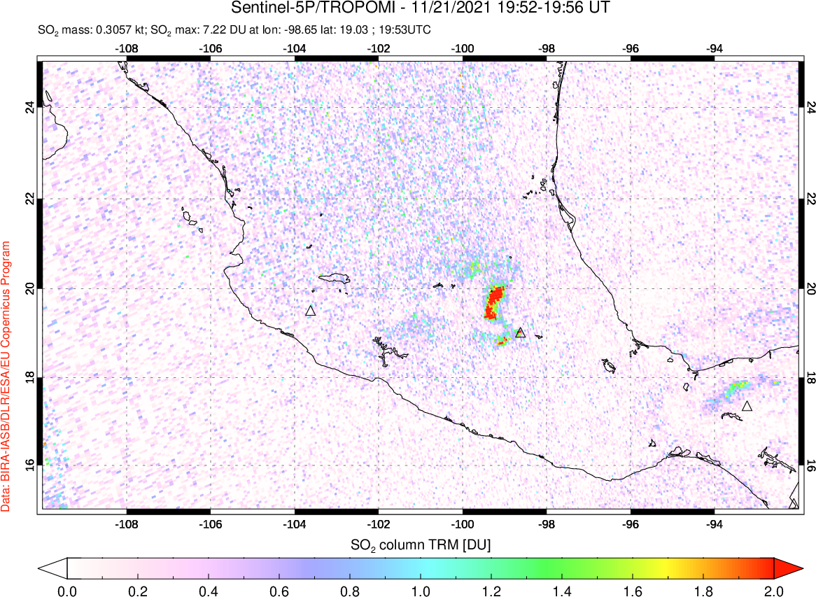 A sulfur dioxide image over Mexico on Nov 21, 2021.