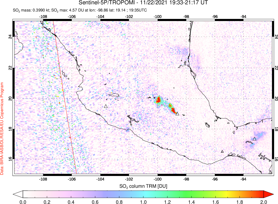A sulfur dioxide image over Mexico on Nov 22, 2021.