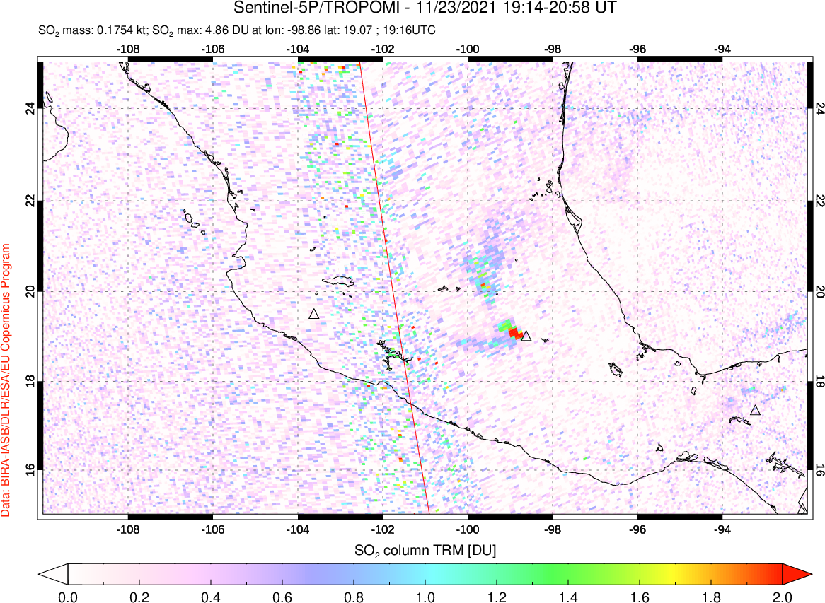 A sulfur dioxide image over Mexico on Nov 23, 2021.
