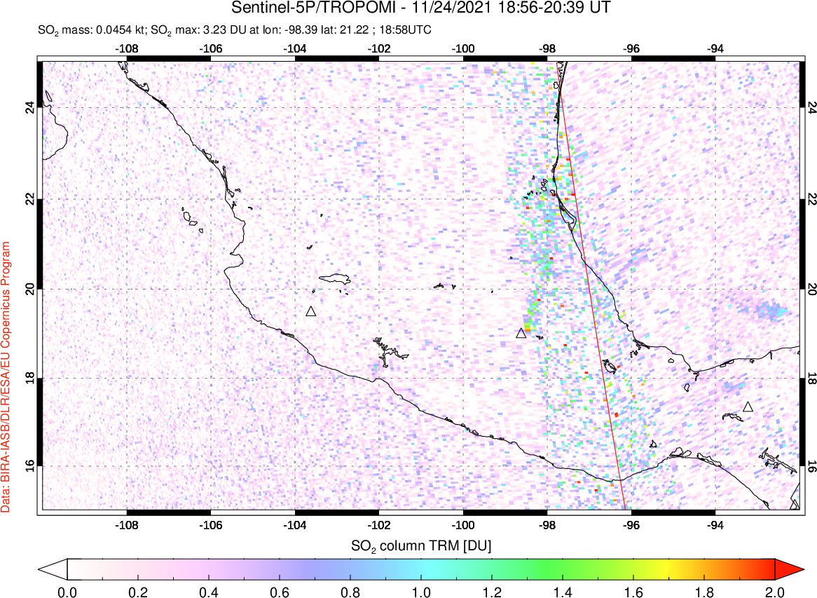 A sulfur dioxide image over Mexico on Nov 24, 2021.