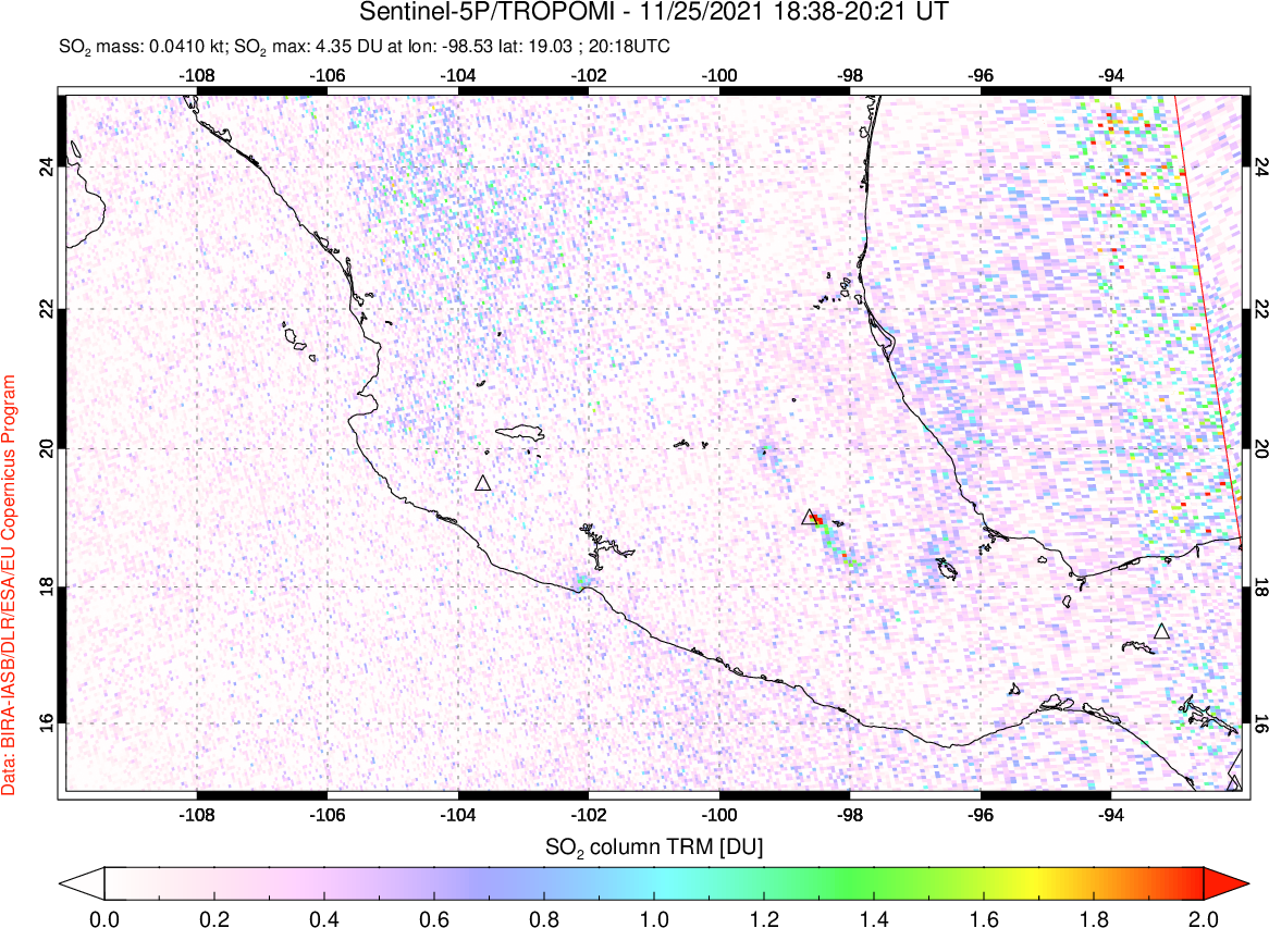 A sulfur dioxide image over Mexico on Nov 25, 2021.