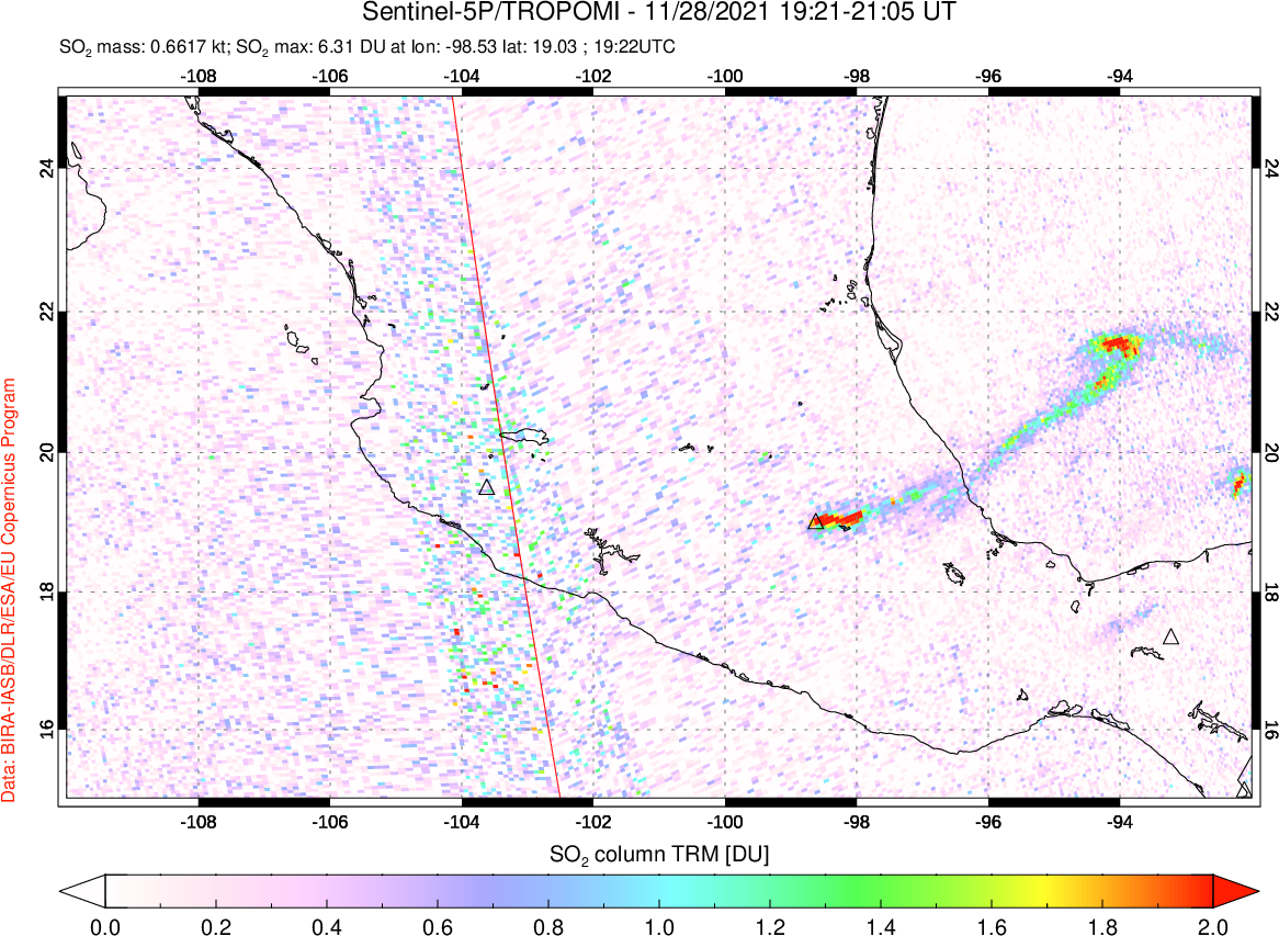 A sulfur dioxide image over Mexico on Nov 28, 2021.