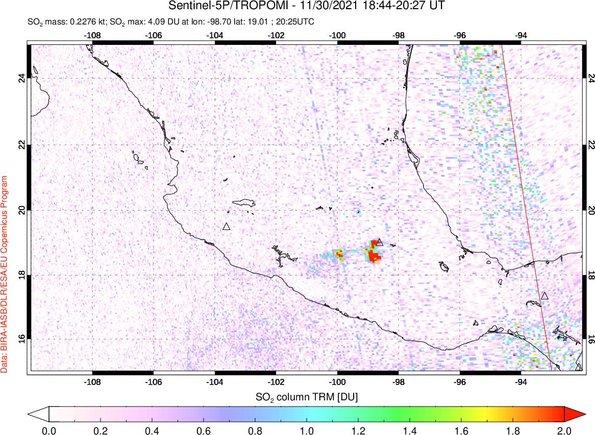 A sulfur dioxide image over Mexico on Nov 30, 2021.