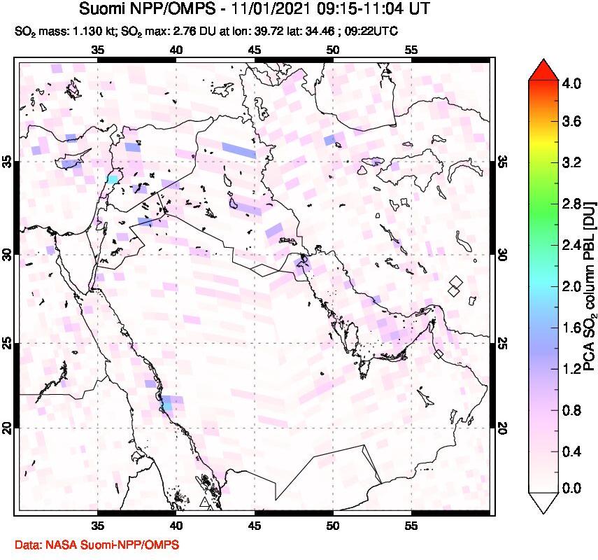 A sulfur dioxide image over Middle East on Nov 01, 2021.