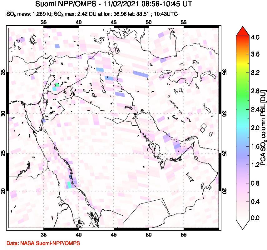A sulfur dioxide image over Middle East on Nov 02, 2021.
