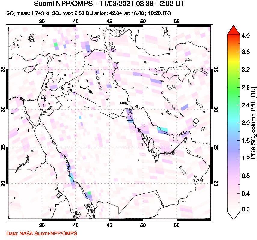 A sulfur dioxide image over Middle East on Nov 03, 2021.