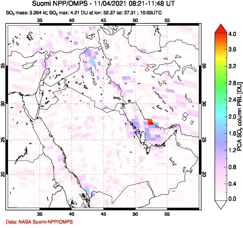 A sulfur dioxide image over Middle East on Nov 04, 2021.