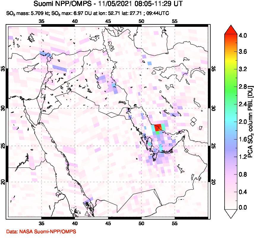A sulfur dioxide image over Middle East on Nov 05, 2021.