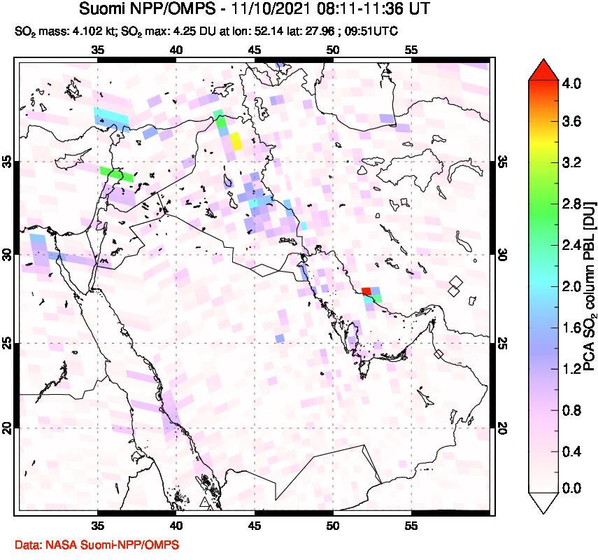A sulfur dioxide image over Middle East on Nov 10, 2021.