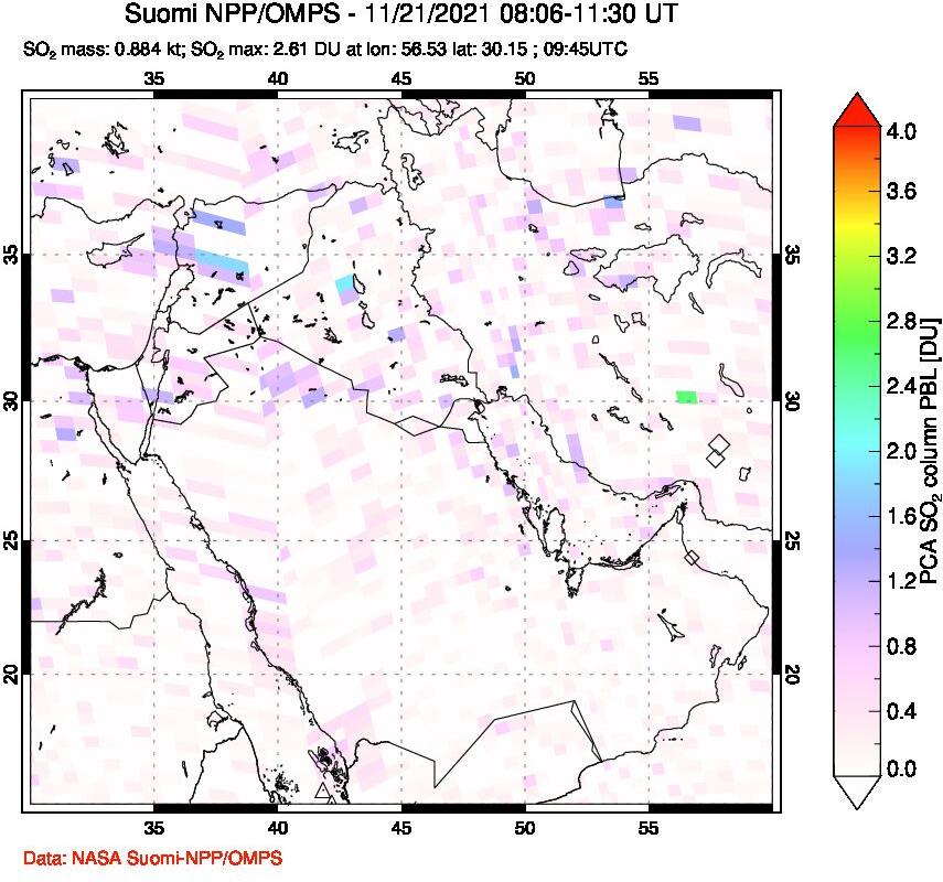 A sulfur dioxide image over Middle East on Nov 21, 2021.