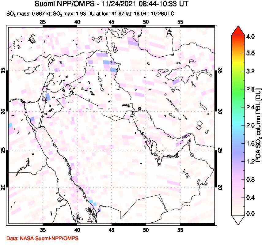 A sulfur dioxide image over Middle East on Nov 24, 2021.